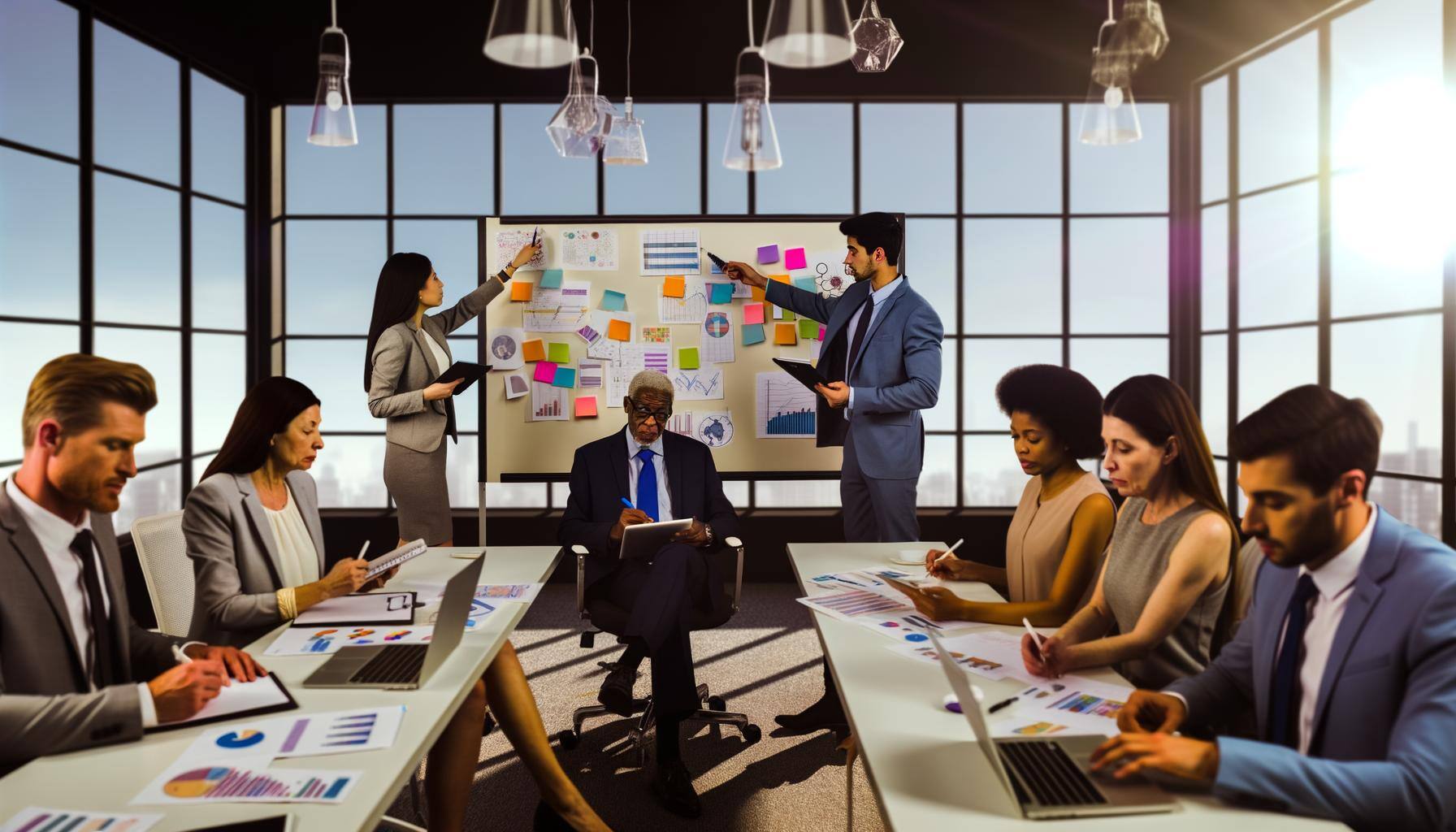 Picture a large conference room filled with  multi-ethnic group of professional administrators. A Caucasian woman is jotting down points in her notepa